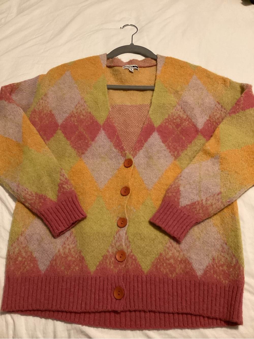 Fashionnova Cozy Argyle Cardigan Sweater in Pink, Yellow & Green